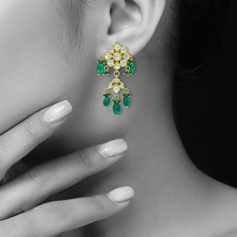 Polki Earrings with Emerald Drops and Intricate Design